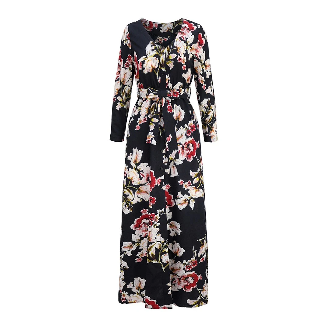 Loose Dresses Long Sleeve Winter Bohemian Beach Women Floral Print  Runway Dress Autumn Party Night Sundress Vestidos 822