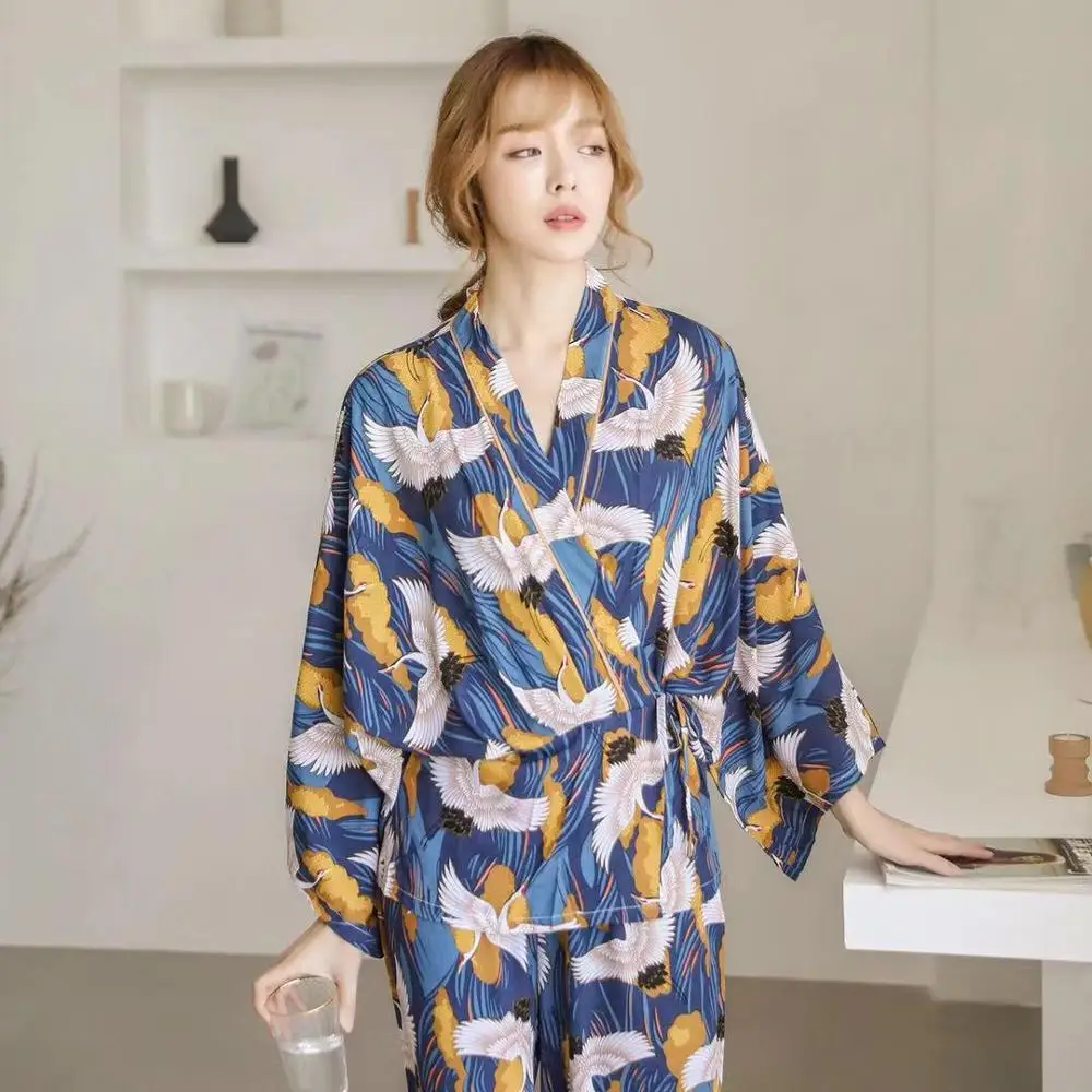 

Pajamas Sets Woman full Elegant Home Wear Sleep Clothing Female Pajamas Suit Autumn crane Animal Print Bandage Japanese kimono