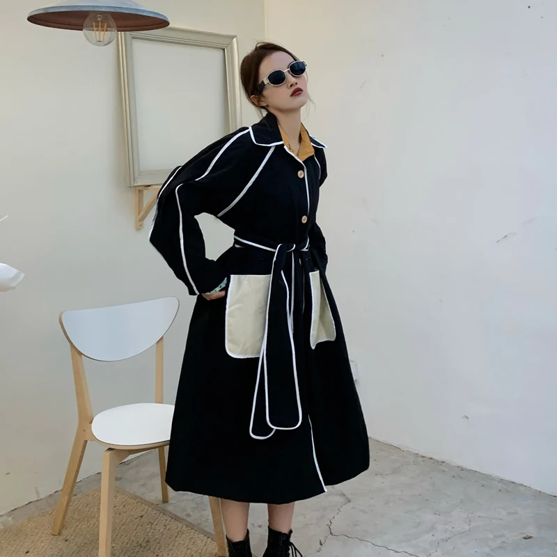 

Women's New Spring Autumn Korean Temperament Long Trench Coat 2019 Fashion Black Double-breasted Windbreaker Overcoats ZH95