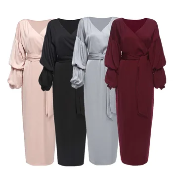 

Puff Sleeve V-neck Solid Muslim Traditional Abaya Dress for Woman Female Islamic Arab Outdoor Dress with Belt Wedding Wear