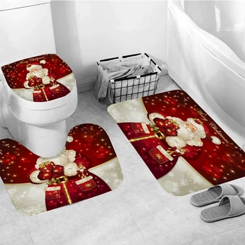 

Christmas Bathroom Shower Curtain Carpet U-shaped Santa Claus Printed Toilet Seat Cover Mat Set