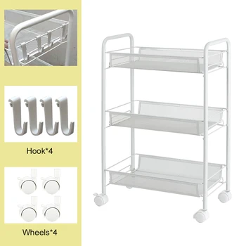 

3-Tier Mesh Storage Cart Rolling Rack Multifunction Removable Steel Wire Basket Shelving Trolley with Hooks for Home Kitchen
