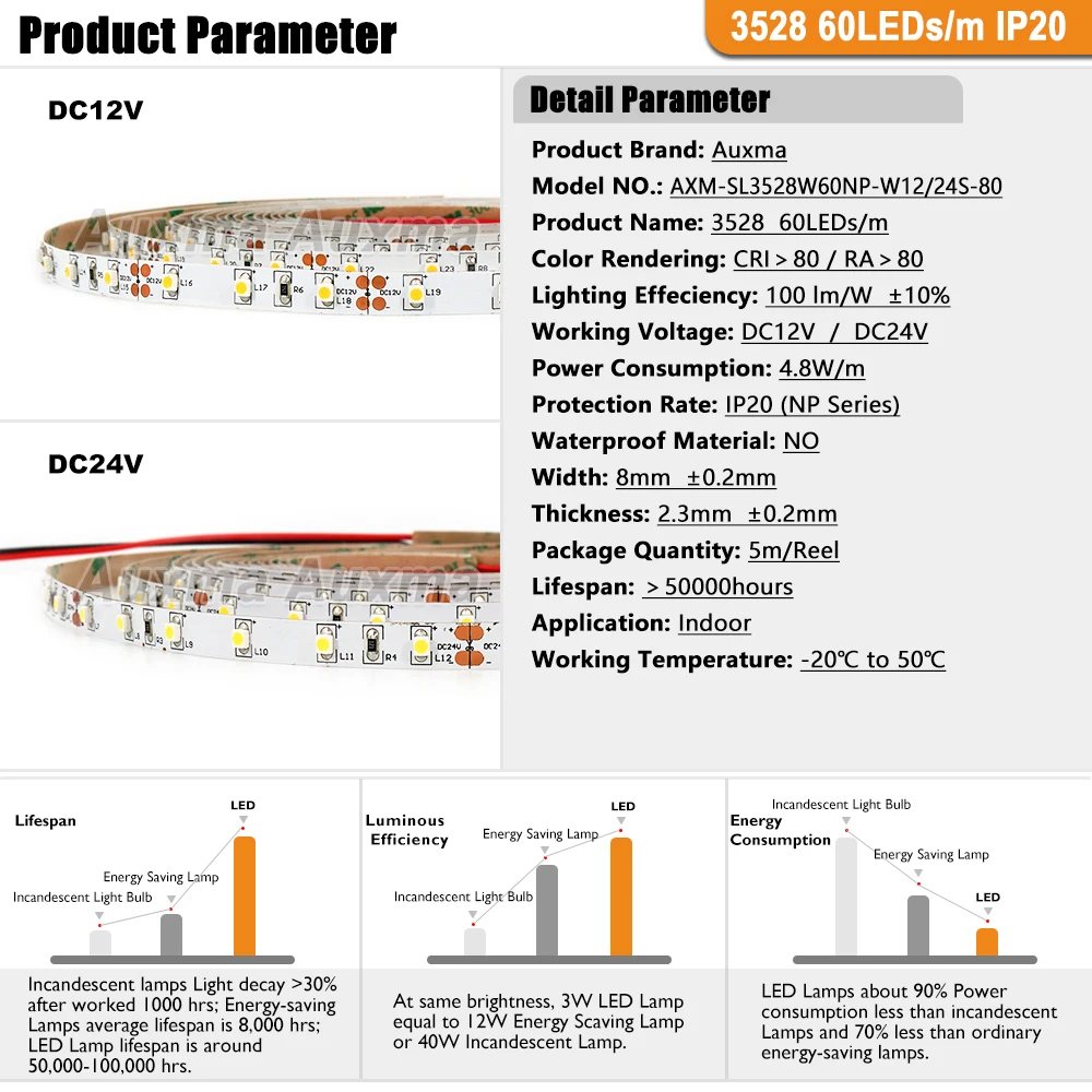 Светодиодная лента 3528 60LED s/m IP20 12 В/24 В 4 8 Вт/м 5m 300 светодиодный s/Reel не