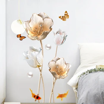 

Creative 3D Gold Flower Wall Stickers DIY Tulip Mural Decals for Living Room Sofa TV Background Wall Paper Bedroom Decoration