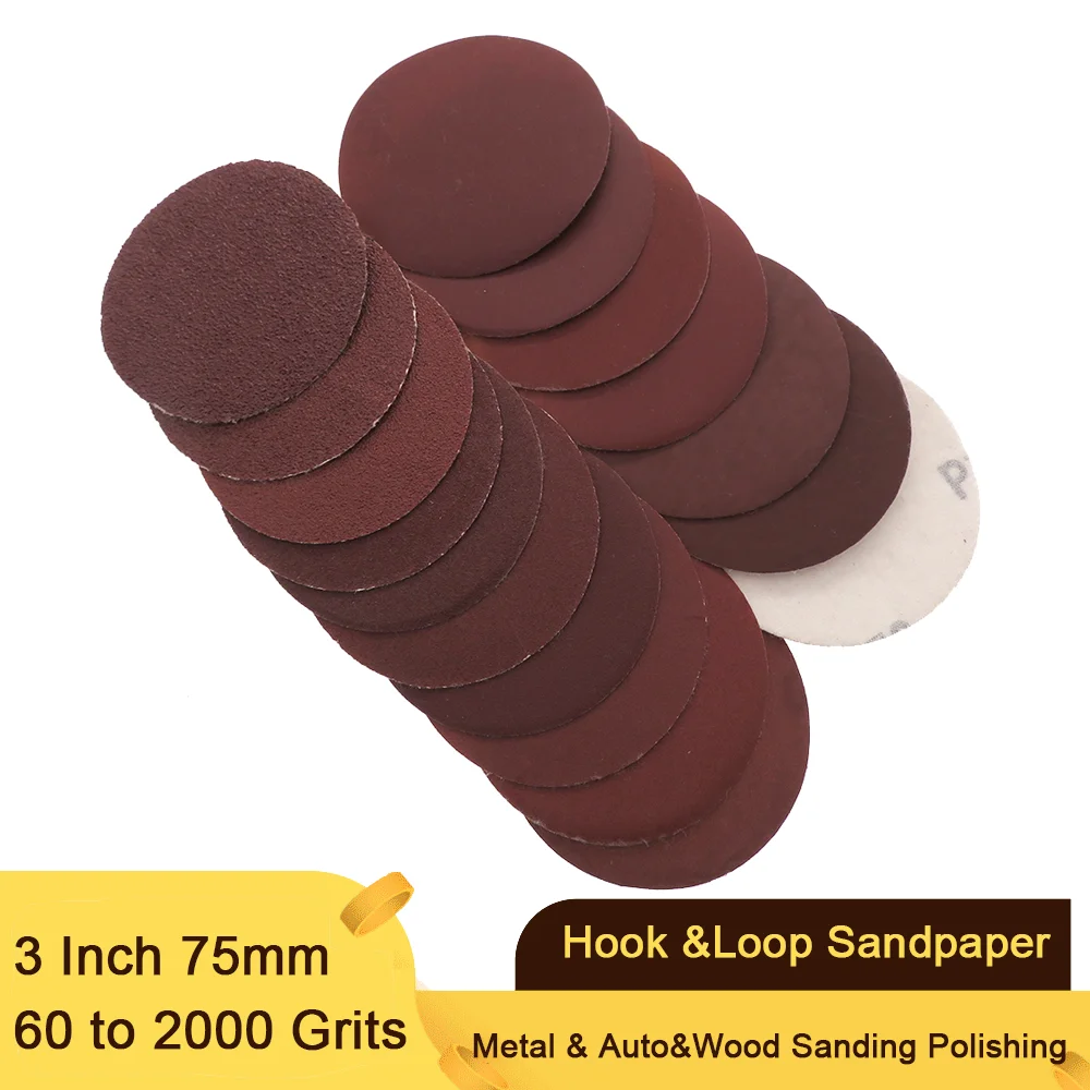 Sanding Discs Polish Sand Paper 3 Inch 75mm Aluminium Oxide 60 to 2000 Grits for Metal Auto Wood