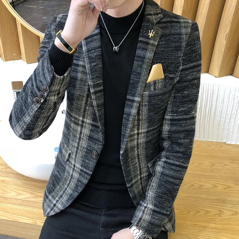 

2019 Winter Fashion Clothes New Men's Casual Boutique Business Dress Suit Houndstooth Grid Plaid Blazers Party Jacket Coat Suit
