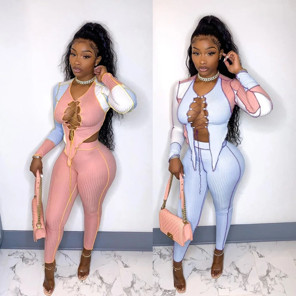

Color Block Patchwork Tracksuit Women Sexy V Neck Slit Cross Lace Up Bandage Irregular Crop Top + Leggings Club Two Piece Set