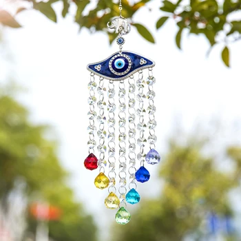 

H&D Elephant Blue Evil Eye Protection Wind Chimes Suncatcher Window Hanging Crystals Ornament Chakra Ball Prisms Pendant Decor