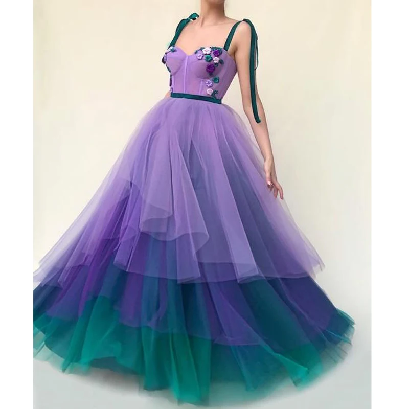

Spaghetti Strap Purple Prom Gowns Multi Colorful Tulle Evening Party Dresses Sweetheart Tiered Ombre Formal Dress robe de soiree
