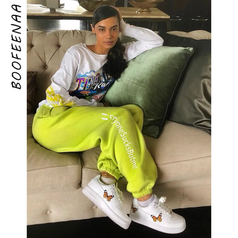 BOOFEENAA спортивные штаны с буквенным принтом неоново зеленые брюки высокой талией
