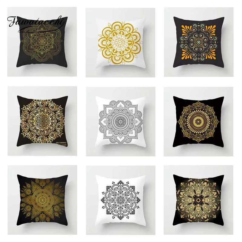 Fuwatacchi Floral Cushion Cover Gold Mandala Black Golden Throw Pillow Decorative Sofa Pillowcase | Дом и сад