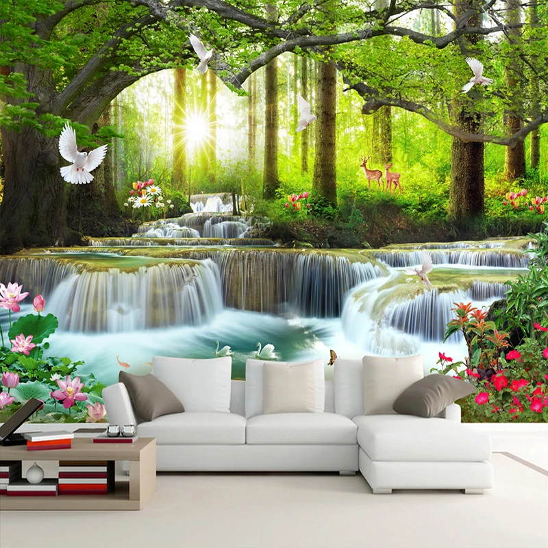 

Dropship Custom Mural Wallpaper 3D Nature Landscape Forest Waterfalls Photo Wall Painting TV Sofa Backdrop Wall 3D Home Decor