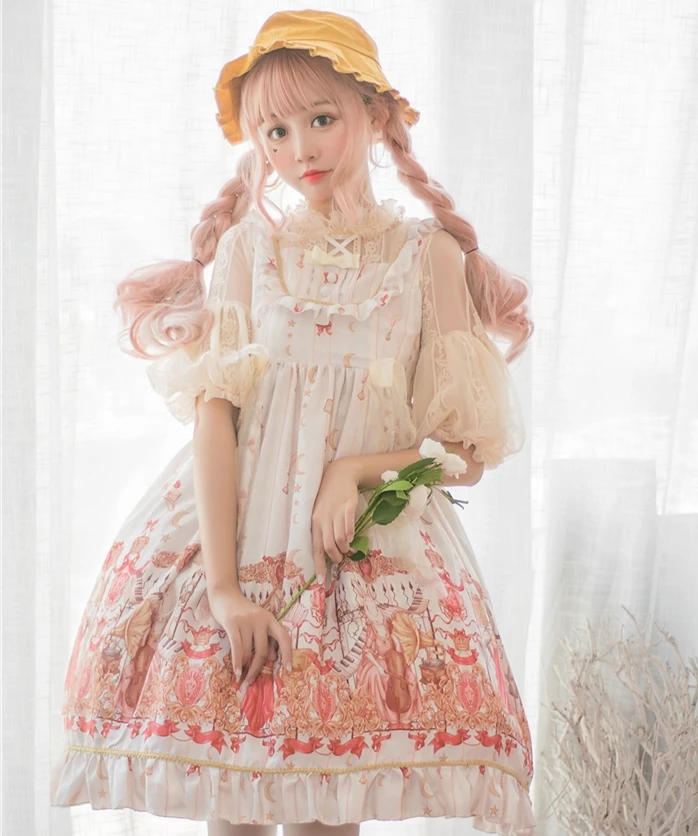 

Rabbit Kingdom Sweet Women's 2Pcs Set: Lolita JSK Dress + Half Sleeve White Shirt Sleeveless Dress Cute Bows Trim One Piece