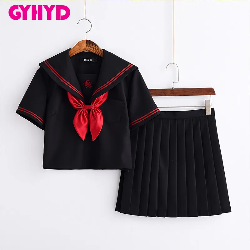 Short Sleeve Set Новое поступление черный матросский костюм Школьная форма наборы JK школьная форма s для девочек Sakura костюмы с вышивкой студенческий Косплей - Цвет: Short Sleeve Set