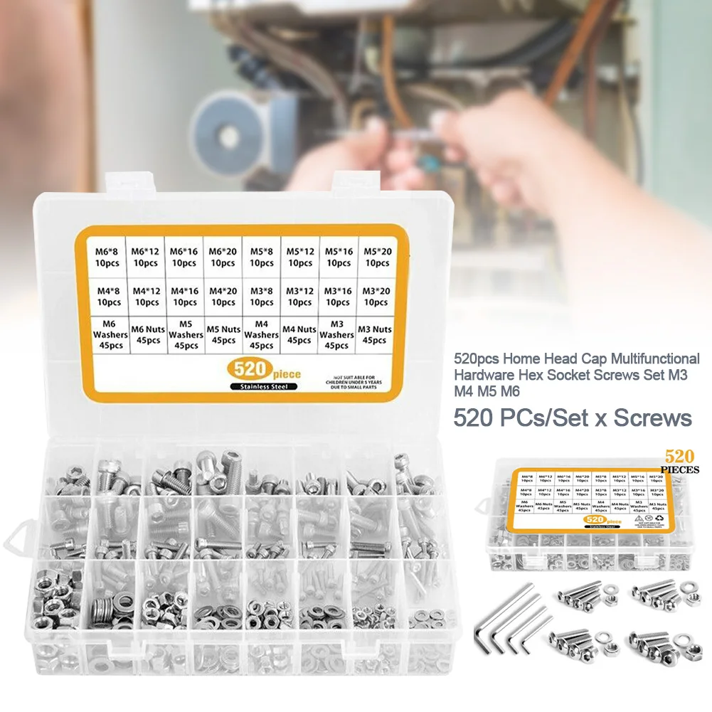 520 шт Портативные гайки шайба дома 304 из нержавеющей стали с шестигранной головкой набор винтов M3 M4 M5 M6 болты головки крышки оборудования многофункциональные