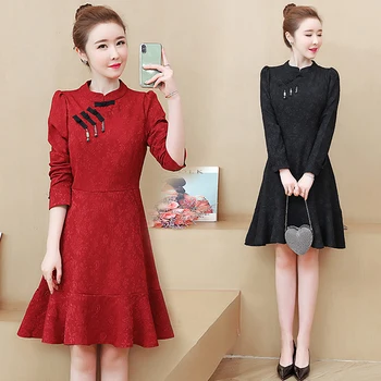 

HAYBLST Brand Cheongsam Dress Womens 2020 Spring Plus Size 5XL Vestidos Elegant Kawaii Long Sleeve Loose Chinese Stysle Clothing