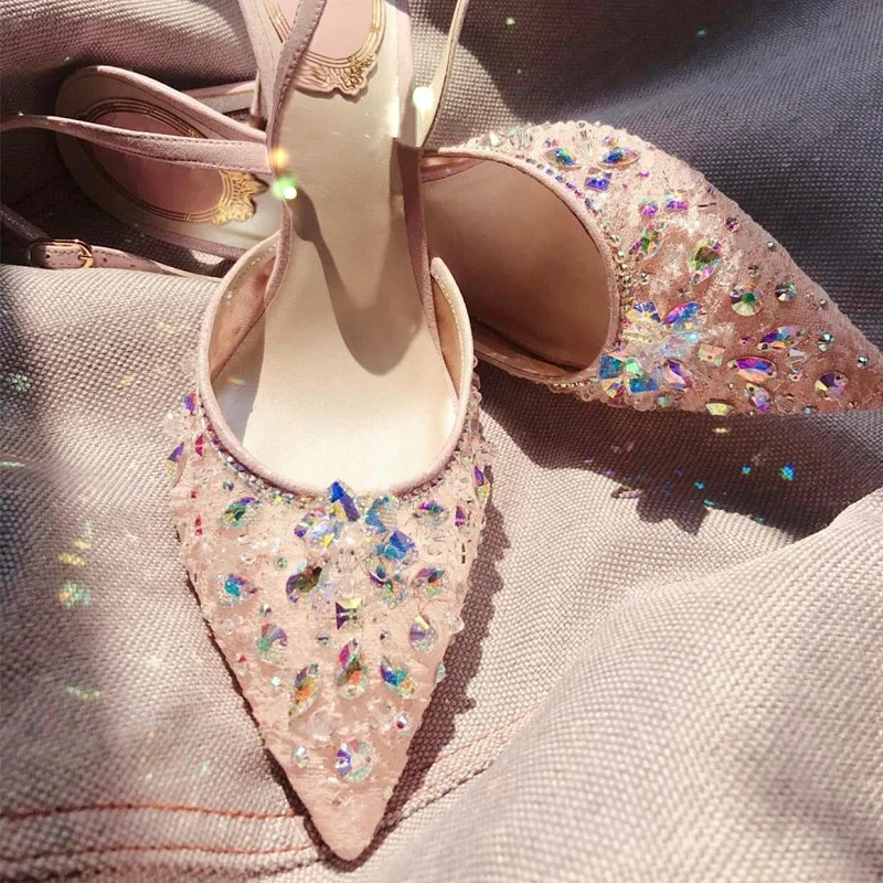 

Summer new pointed stiletto high-heeled crystal lace bridal wedding shoes banquet dress all-match custom-made female sandals