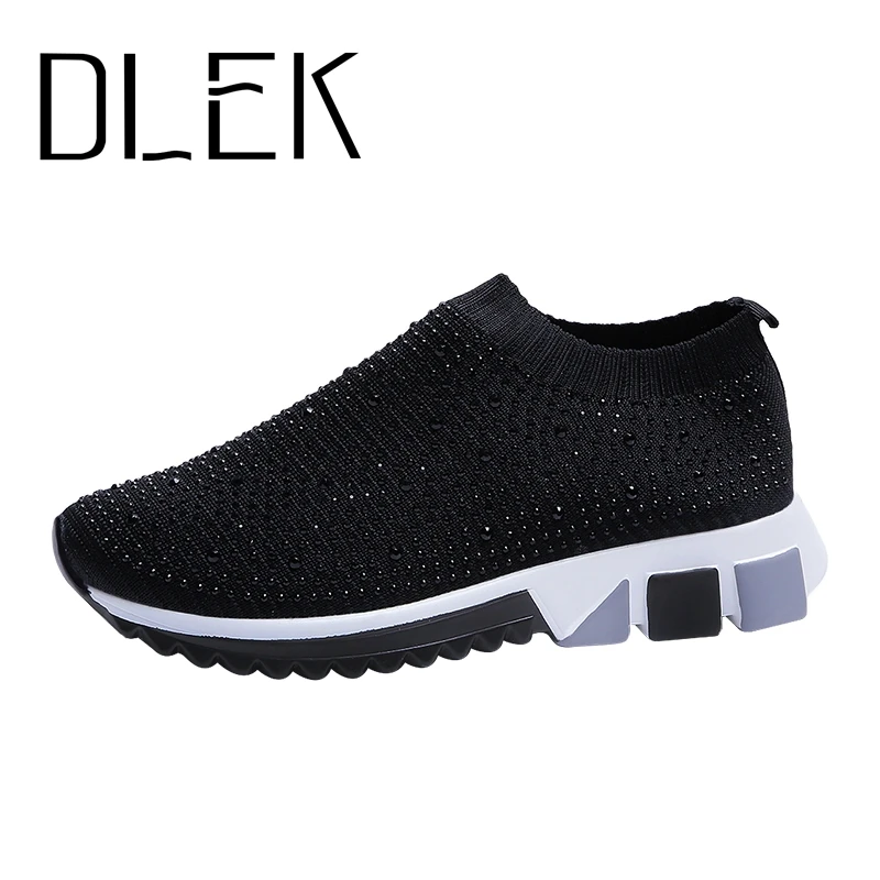 Knit Shoes Sports-Sneakers Fashionable-Sock Bling Black Breathable Slip-On Plus-Size