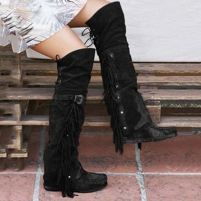 ADISPUTENT Retro Women Boots Classic Tassel Cowboy Boots Autumn Women High Heels Boots Platform Sexy Ladies Black Pumps Boot - Цвет: black