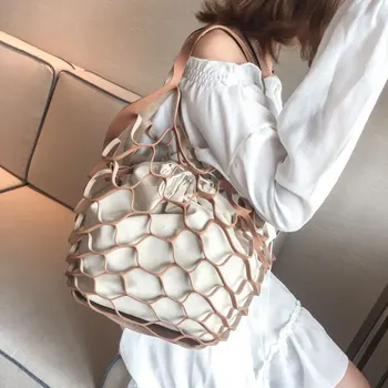 

Women Personality Hollow Handbag Net Drawstring Combination Shoulder Bag Portable Summer Beach Travel Storage Handbags Tote