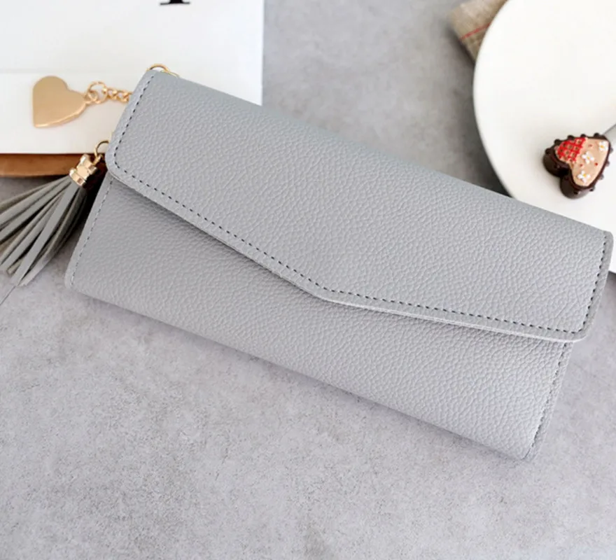 GRAY Женские кошельки, телефон, клатч, сумка, кошельки, Длинные кошельки для девушек, девушек, денег, монет, Карманный держатель для карт, кисточкой, кошельки, новинка - Цвет: GRAY