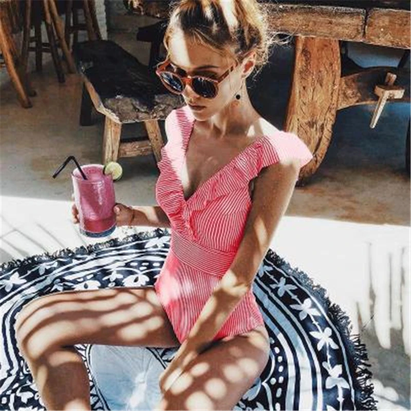 Ruffle Swimwear Women Bathing Suit Deep V Brazilian One Piece Swimsuit Push Up Backless Stripe Flower Feminino Praia | Спорт и