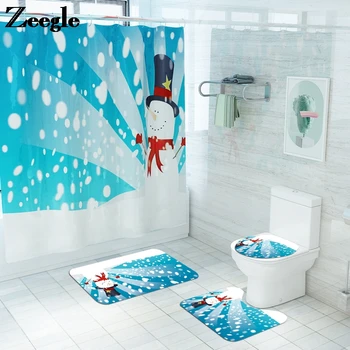

Bath Mat for Christmas Home Decor Snowman Bathroom Carpet Toilet Rugs with Shower Curtain Absorbent Non-Slip Floor Rug Set