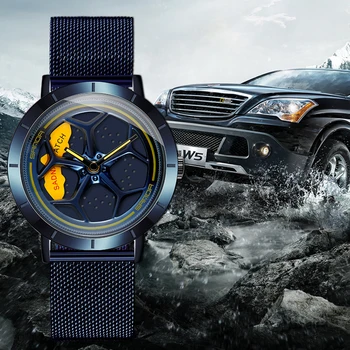 

Hot Men's Watch Classic Steel Mesh belt Quartz Wristwatch Waterproof Sport Men's Car Wheel Watches Fashion Car Rim Rotating Dial