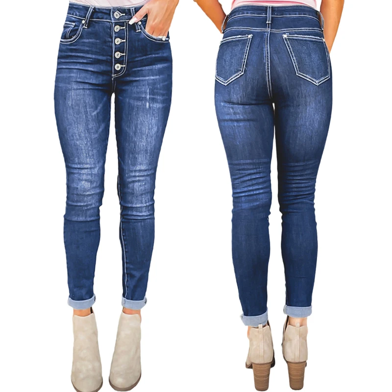 

Solid Fit Pantalones Skinny Button High Waist Mom Jeans For Women