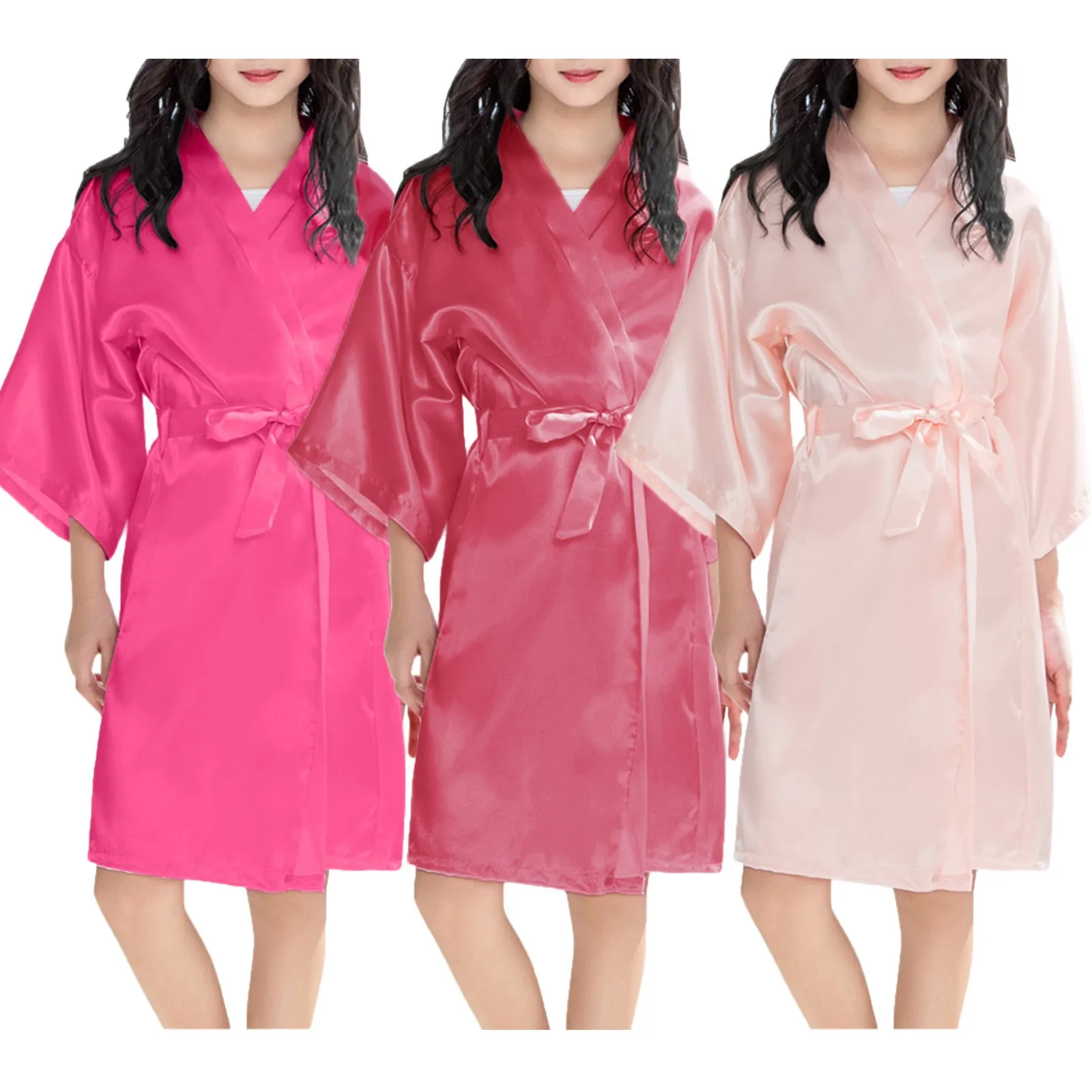 Toddler Kids Baby Girls Sleepwear Solid Print Summer Kimono Robes Lace-up Bathrobe Sleepwear Children Clothes Coat Set 2y-11y