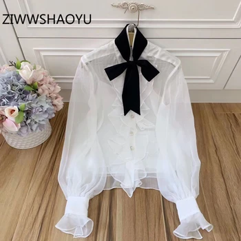 

ZIWWSHAOYU Designer Women's Summer Vintage White Blouse Tops Lantern Sleeve Cascade Ruffles Elegant Chiffon Shirt Blouse