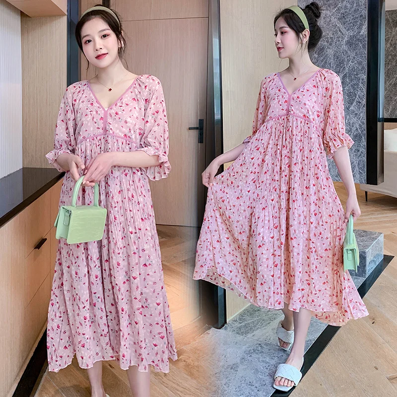 

2021 New Arrive Summer Maternity Dress Woman Floral Print Large Size Dresses Pregnant Woman A-Line Clothing MD-02911