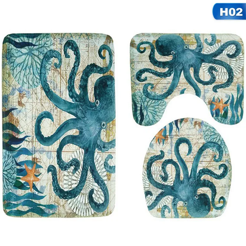 3pcs/set Sea Turtles Waterproof Non-Slip Bathroom Shower Curtain Toilet Cover Mat Rug Set Bathroom Decor Supplies - Цвет: H02