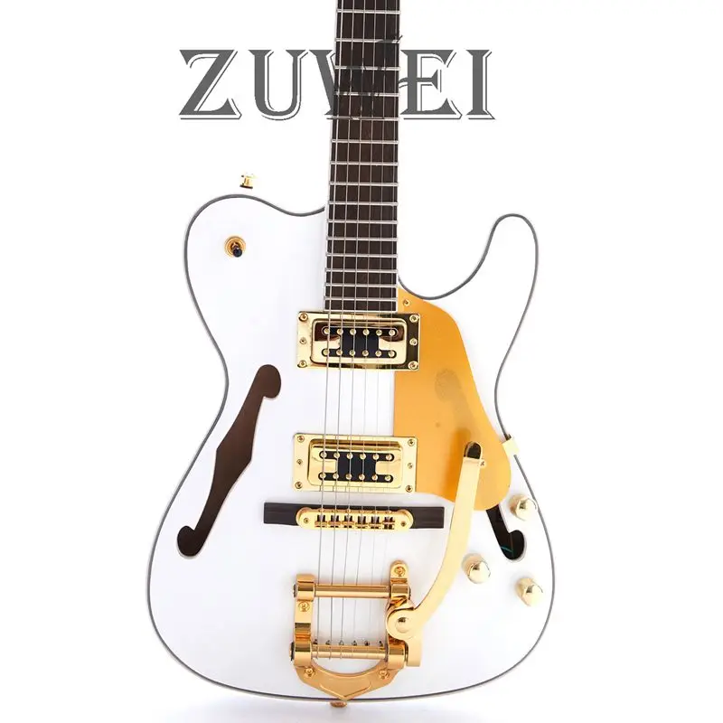 

F Hole Semi Hollow Body TL Electric Guitar Bigsby Bridge Gold Hardware Set In Joint White Color