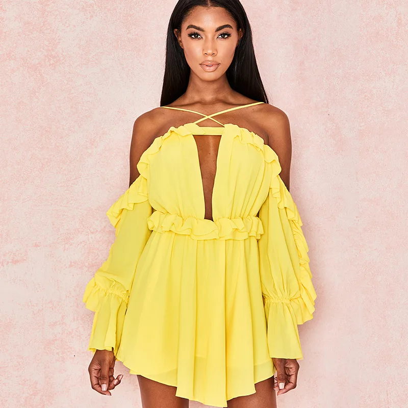 

2019 Summer Sexy Dress Women Long Sleeve Off The Shoulder Ruffled Dress Style Backless Holiday and Vocation Dress Women