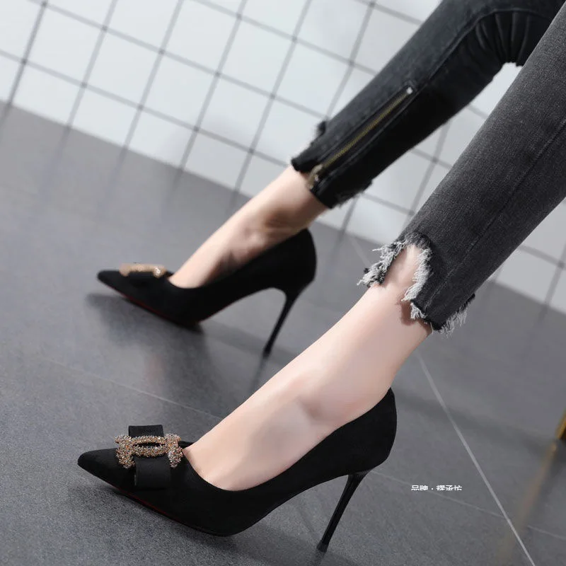 Zapatos de tacón alto para chica de diamantes, tacones negros sexys, estilo de hadas, con lazo, tacón fino, puntiagudos