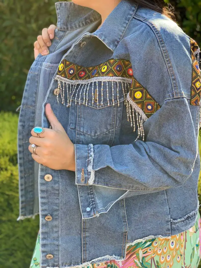 Boho джинсовая куртка с кисточками и вышивкой в этническом стиле винтажная куртка женская народная украшенная куртка оверсайз пальто Цыганская Chaqueta