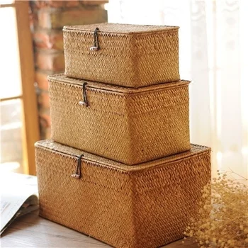 

Seaweed Weaving Storage Box with Lid Storage Basket Rattan Bamboo Straw Weaving Desktop Snack Sundries Clothes Storage Basket
