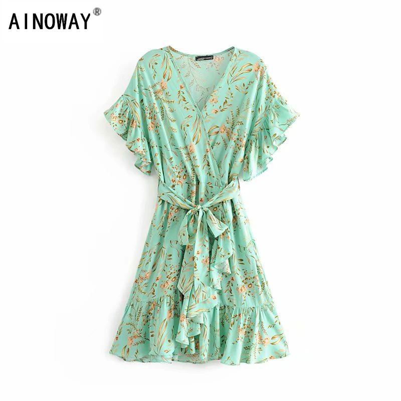 

Vintage chic women floral print ruffles sashes beach Bohemian dresses Ladies short sleeve rayon V-neck Boho Mini dress vestidos