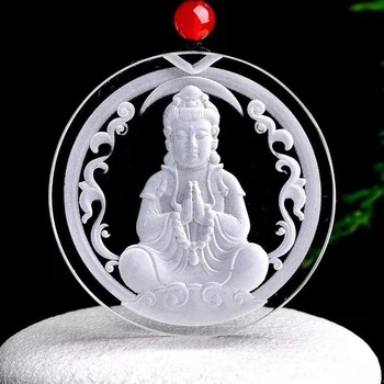 Fine White Natural Crystal Pendant Hand Carved Guanyin Buddha Pendants Sweater Chain Necklace Lucky for Women