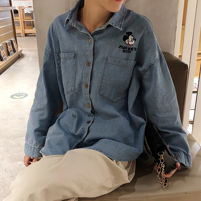 

Spring Autumn Women Denim Shirt Lapel Long Sleeve Long Casual Top Mickey Minnie Applique Cartoon Shirts Female Outwear