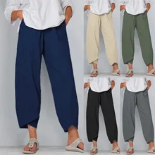 Aliexpress - Women Solid Color Pocket Irregular Hem Loose Cropped Pants Cotton Linen Trousers with Pockets Irregular Hem Loose Style Pants