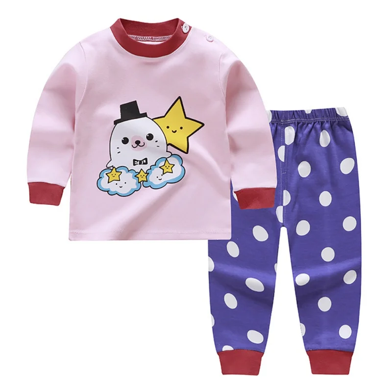 

6M-3T Spring Autumn Toddler Baby Kids Boys Girls Cartoon Print Outfits Set Long Sleeve Blouse Tops+Pants Sleepwear Pajamas