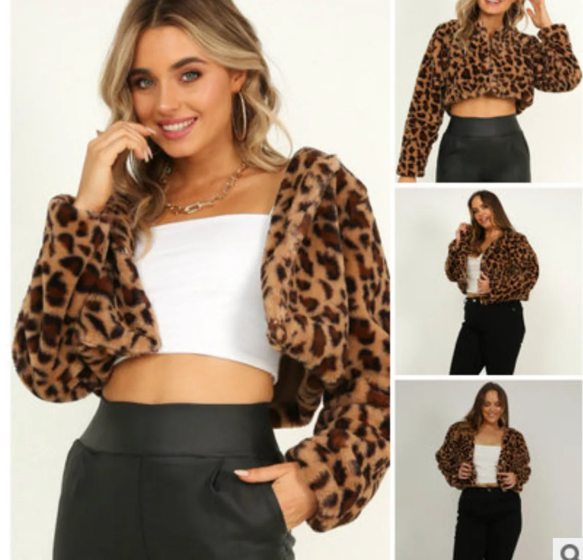 

Autumn Winter Leopard Coat Women 2020Long Sleeve Slim Loose Faux Fur Cardigan Tops Covered Button Short Jackets Turn-down Collar