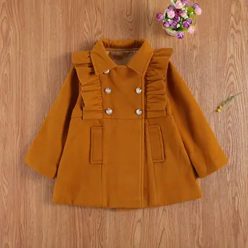 

Pudcoco 2020 Autumn 1-6Y Toddler Baby Girl Woolen Coat Turn-down Collar Double Breasted Ruffle Decoration Loose Long Kids Outfit