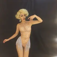 Новинка, блестящие стразы, сценическая одежда, костюмы для выступлений, обтягивающее боди с кисточками, без рукавов, женская танцевальная одежда с бисером и бриллиантами