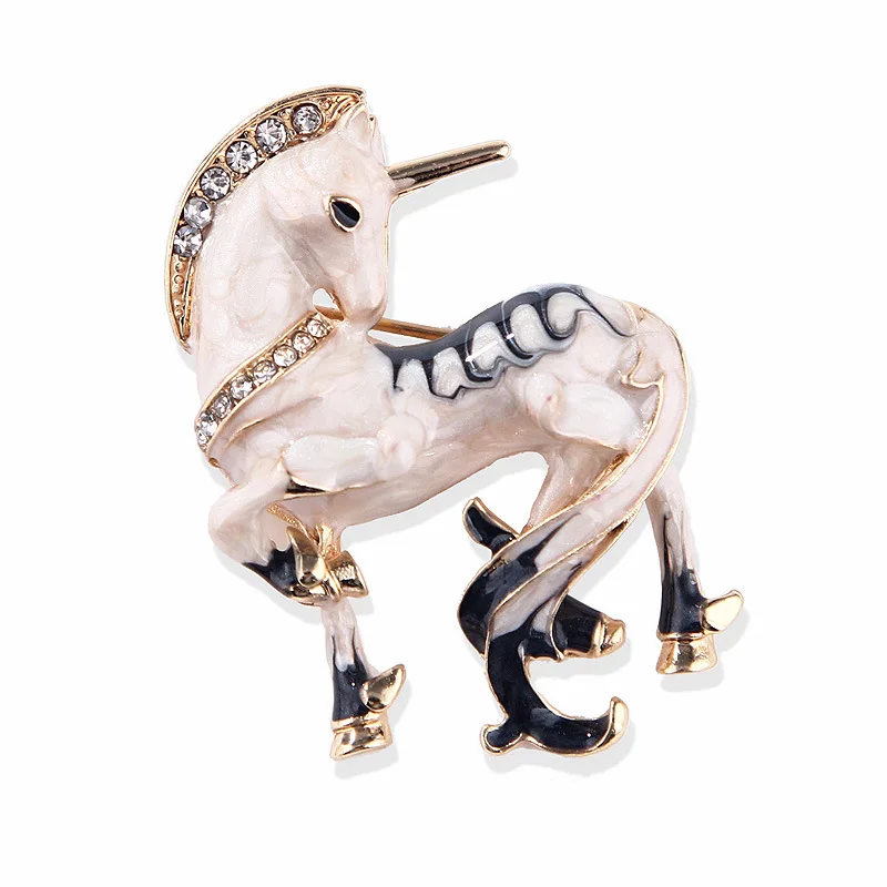 White Miracle Lucky Horse Enamel Brooches For Women And Men Animal Rhinestone Banquet Party Brooch Gifts