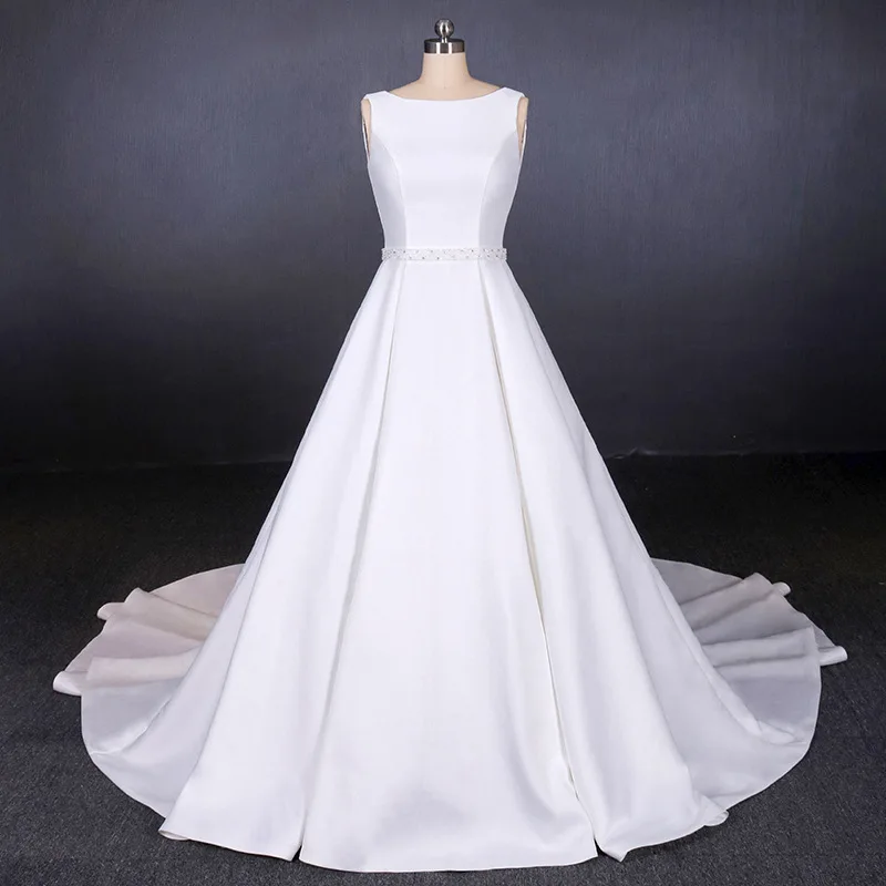 

Beaded Satin A Line Wedding Dress with Sweep Train 2020 Ivory White Wedding Gowns Backless Bride Dress