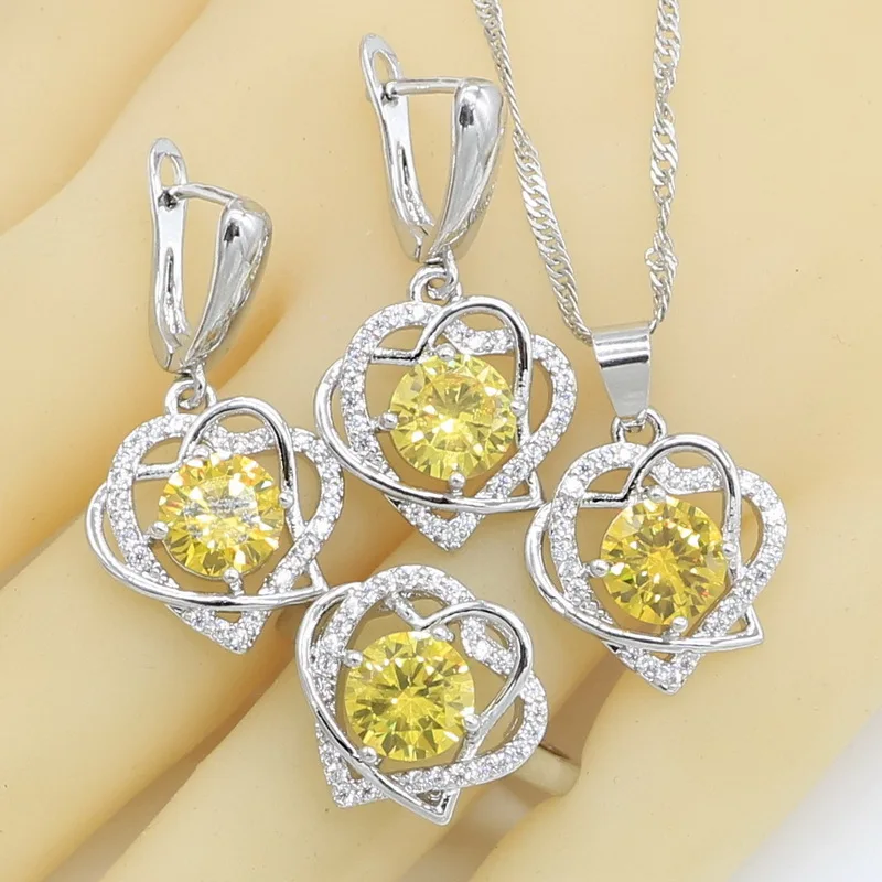 Желтый Циркон 925 серебряные ювелирные наборы для женщин свадебный браслет серьги кольца ожерелье Кулон Подарочная коробка - Окраска металла: 3PCS No Bracelet
