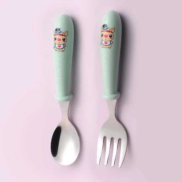 Juego de vajilla de acero inoxidable para bebé, utensilios para niños pequeños, cubiertos de dibujos animados, cuchara de alimentación, tenedor 3